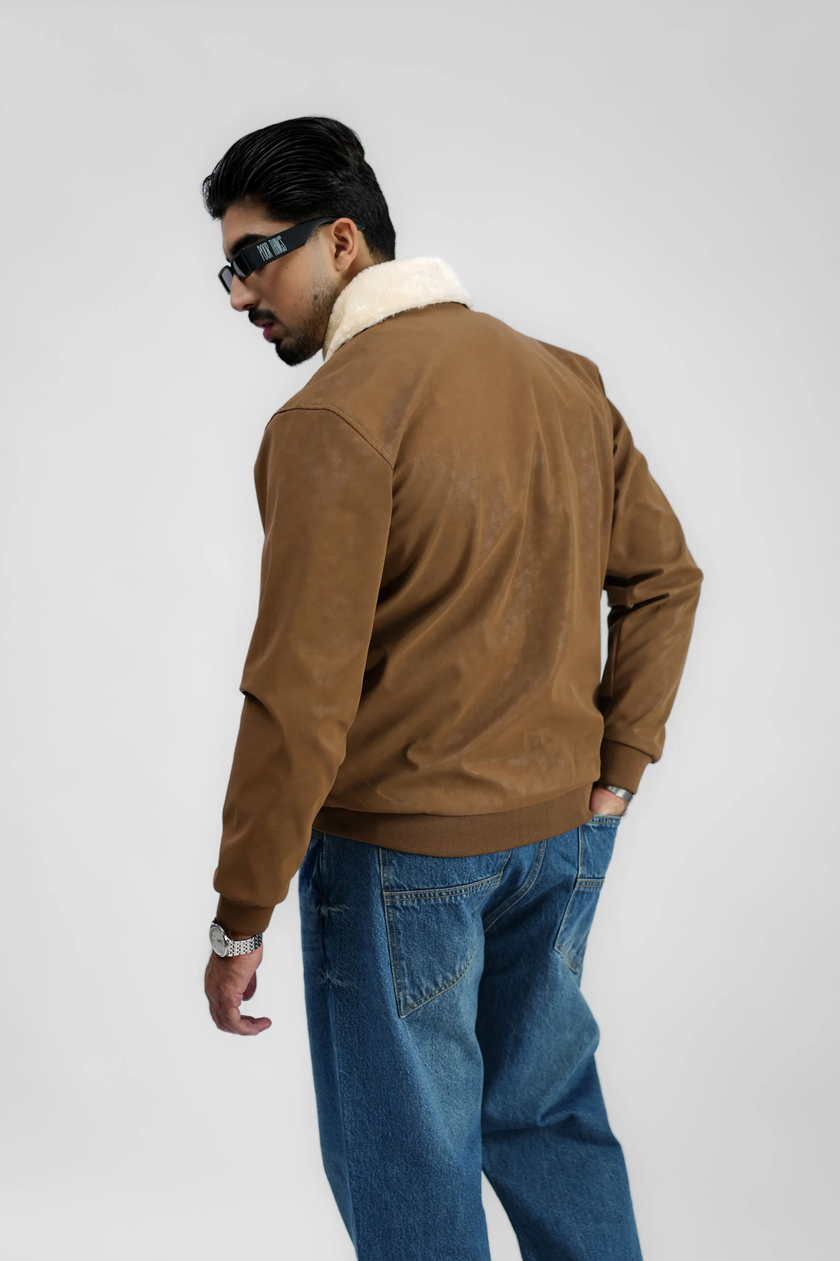 Leather Aviator Jacket - Brown - Image 12