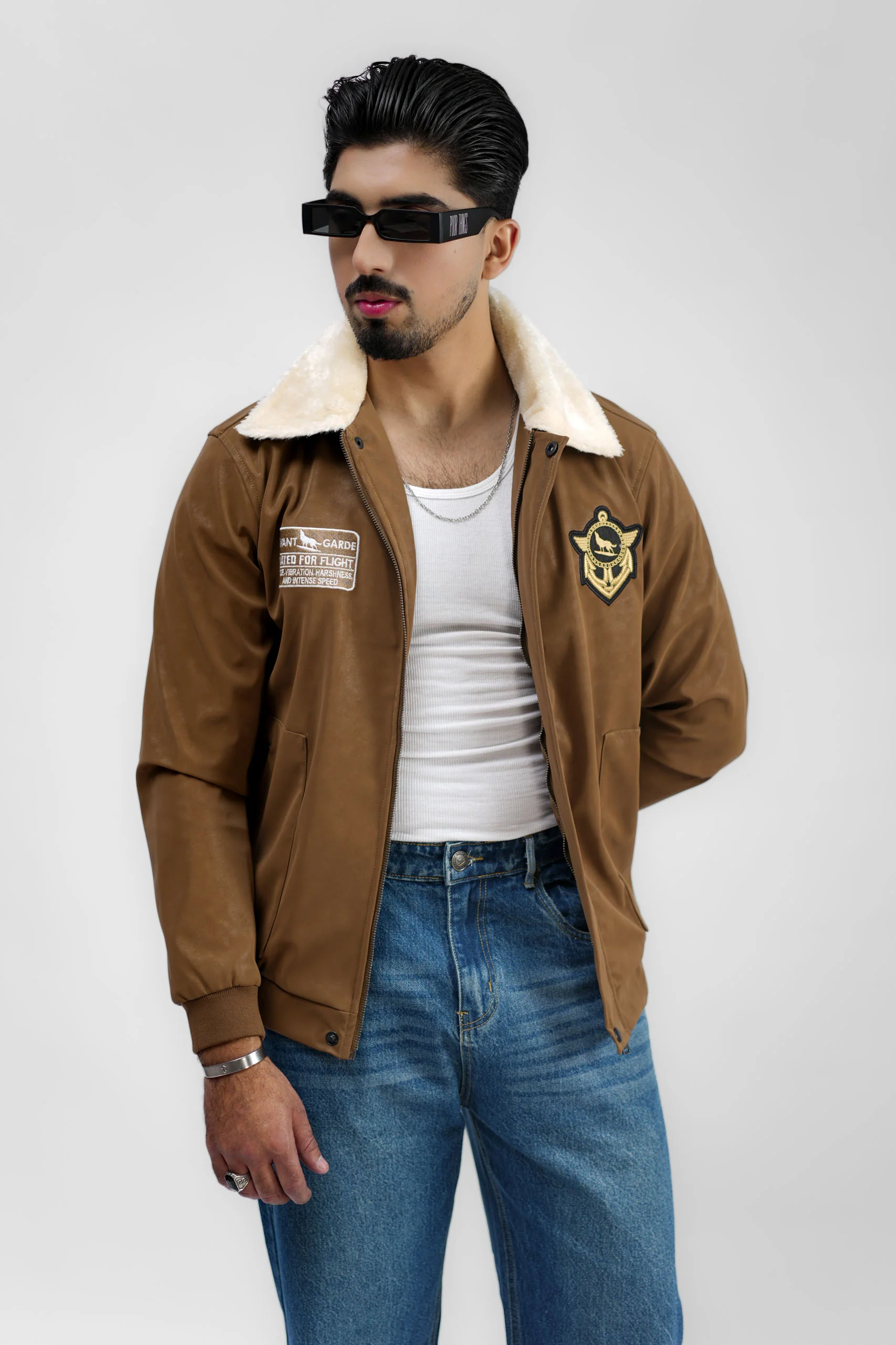 Leather Aviator Jacket - Brown - Image 14