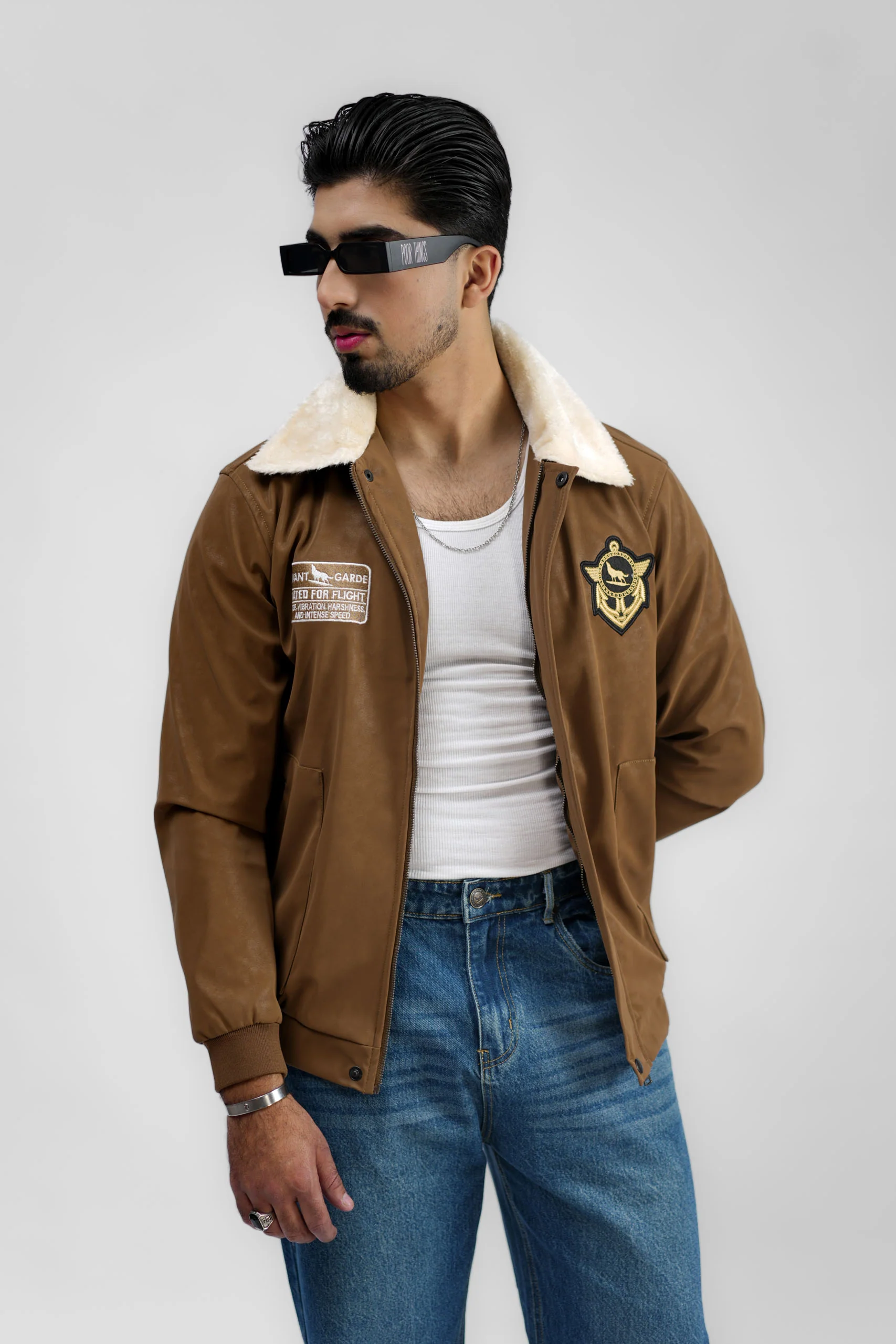 Leather Aviator Jacket - Brown - Image 3