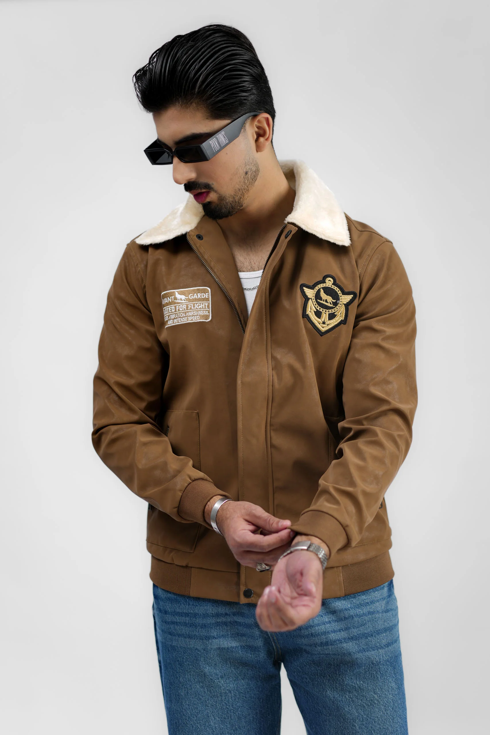 Leather Aviator Jacket - Brown - Image 4