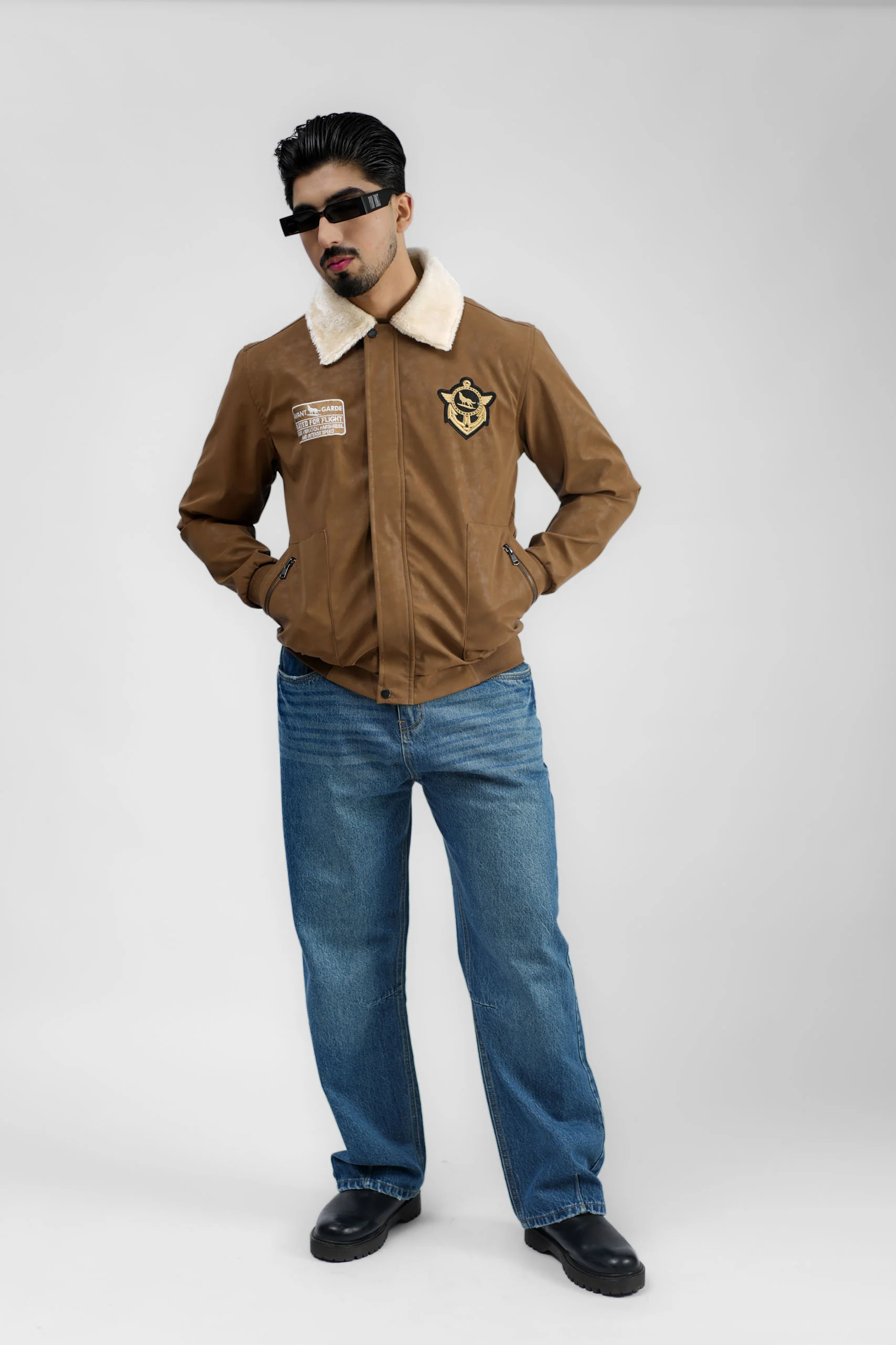 Leather Aviator Jacket - Brown - Image 5