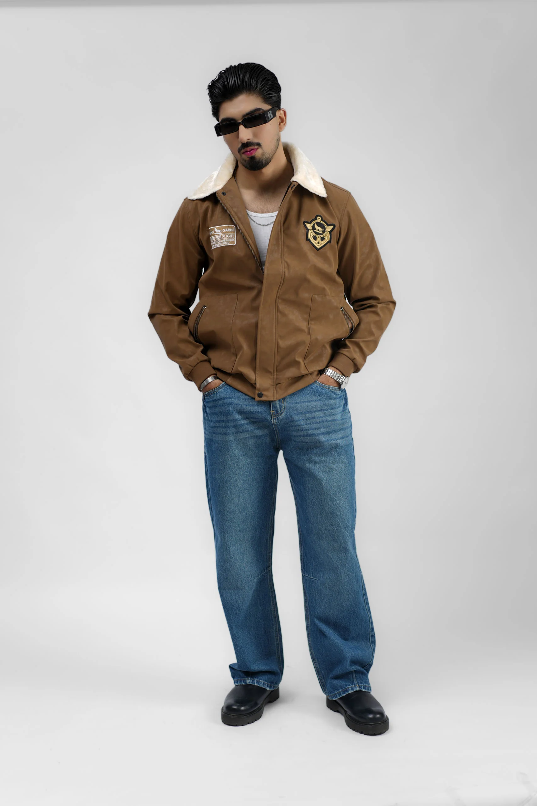 Leather Aviator Jacket - Brown - Image 6