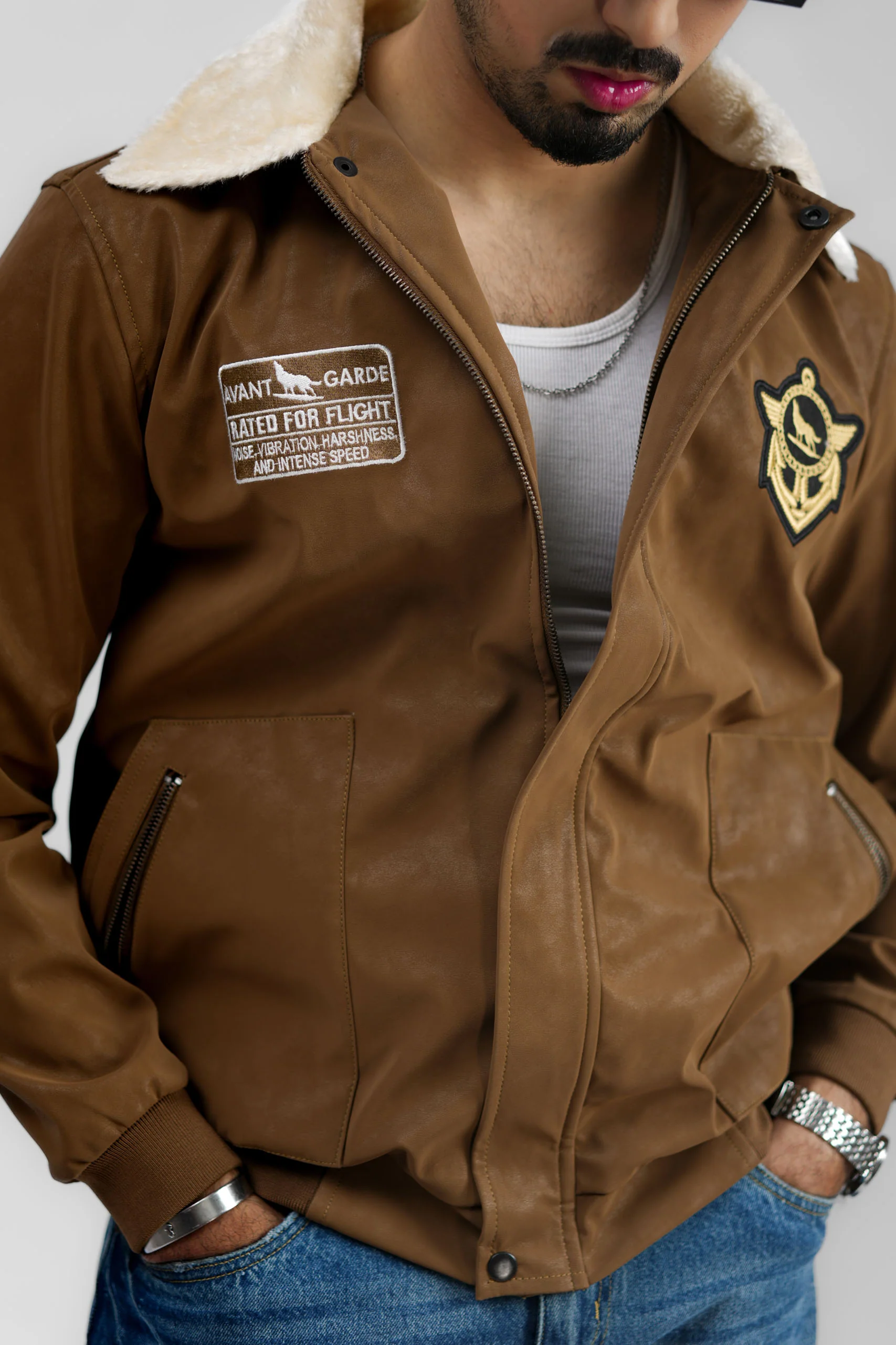 Leather Aviator Jacket - Brown - Image 7