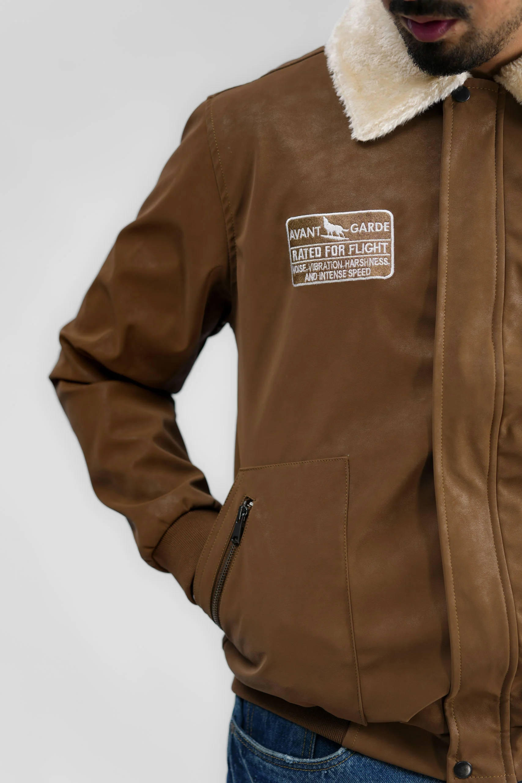 Leather Aviator Jacket - Brown - Image 9