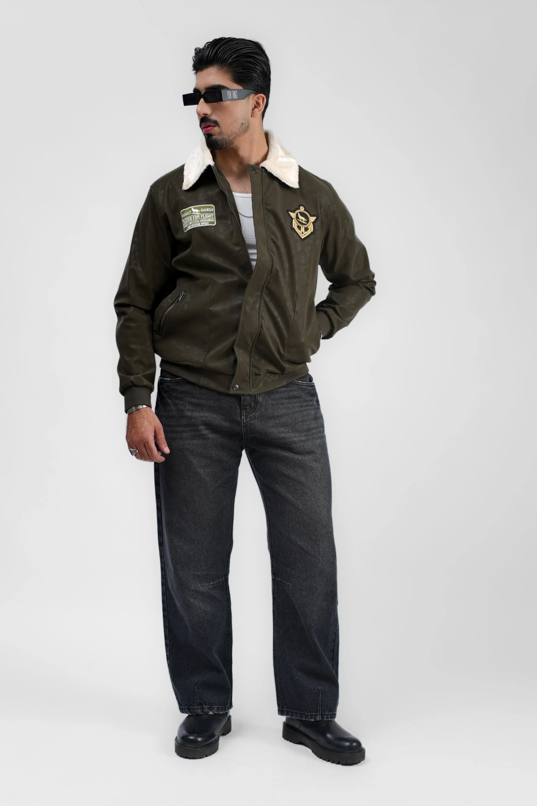 Leather Aviator Jacket - Green - Image 11