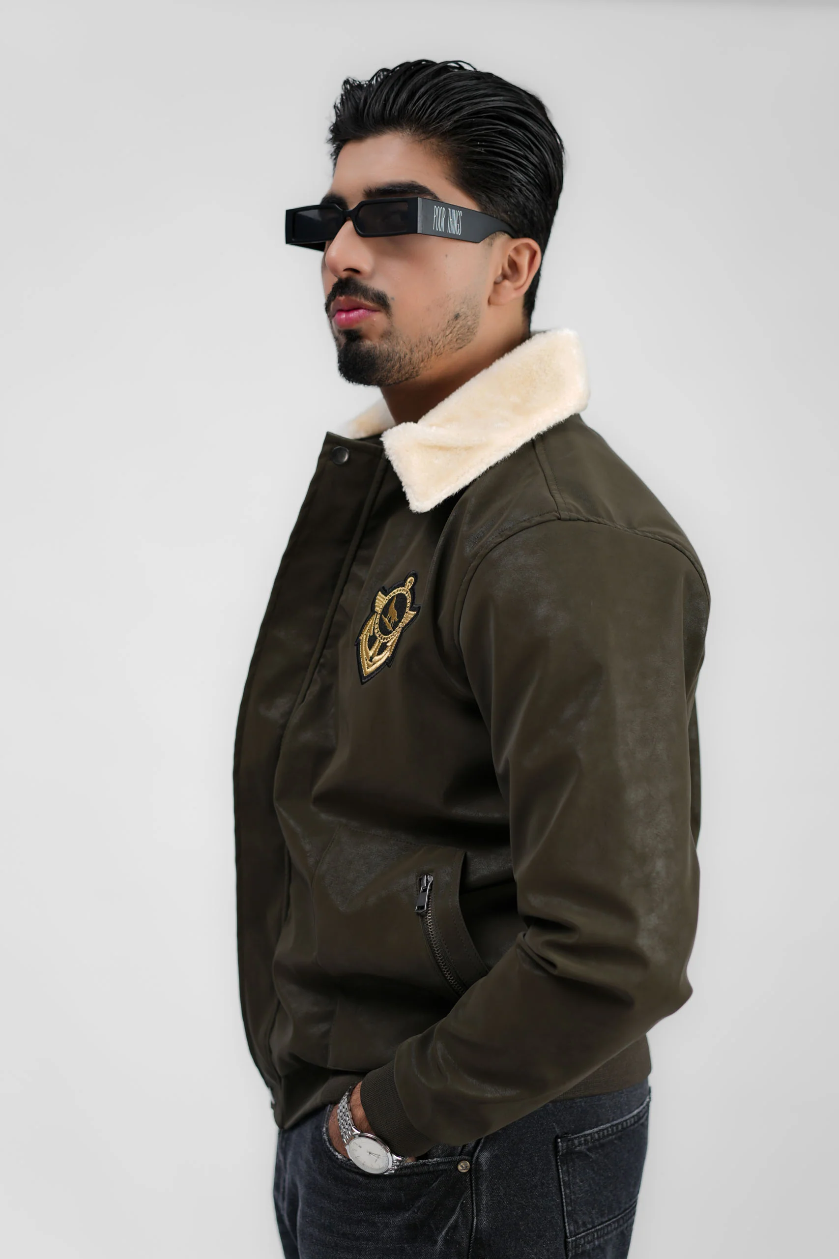 Leather Aviator Jacket - Green - Image 12