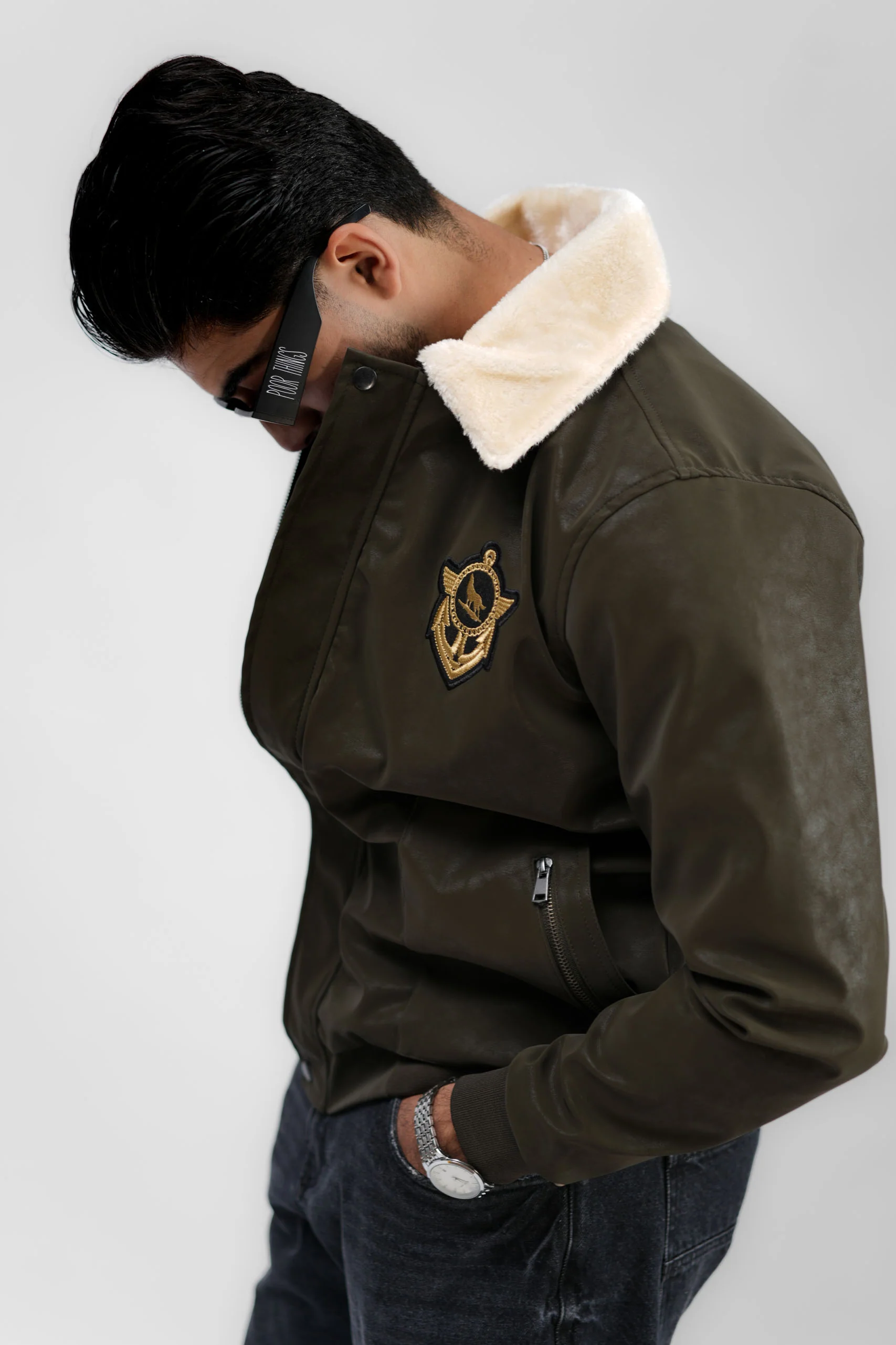 Leather Aviator Jacket - Green - Image 13