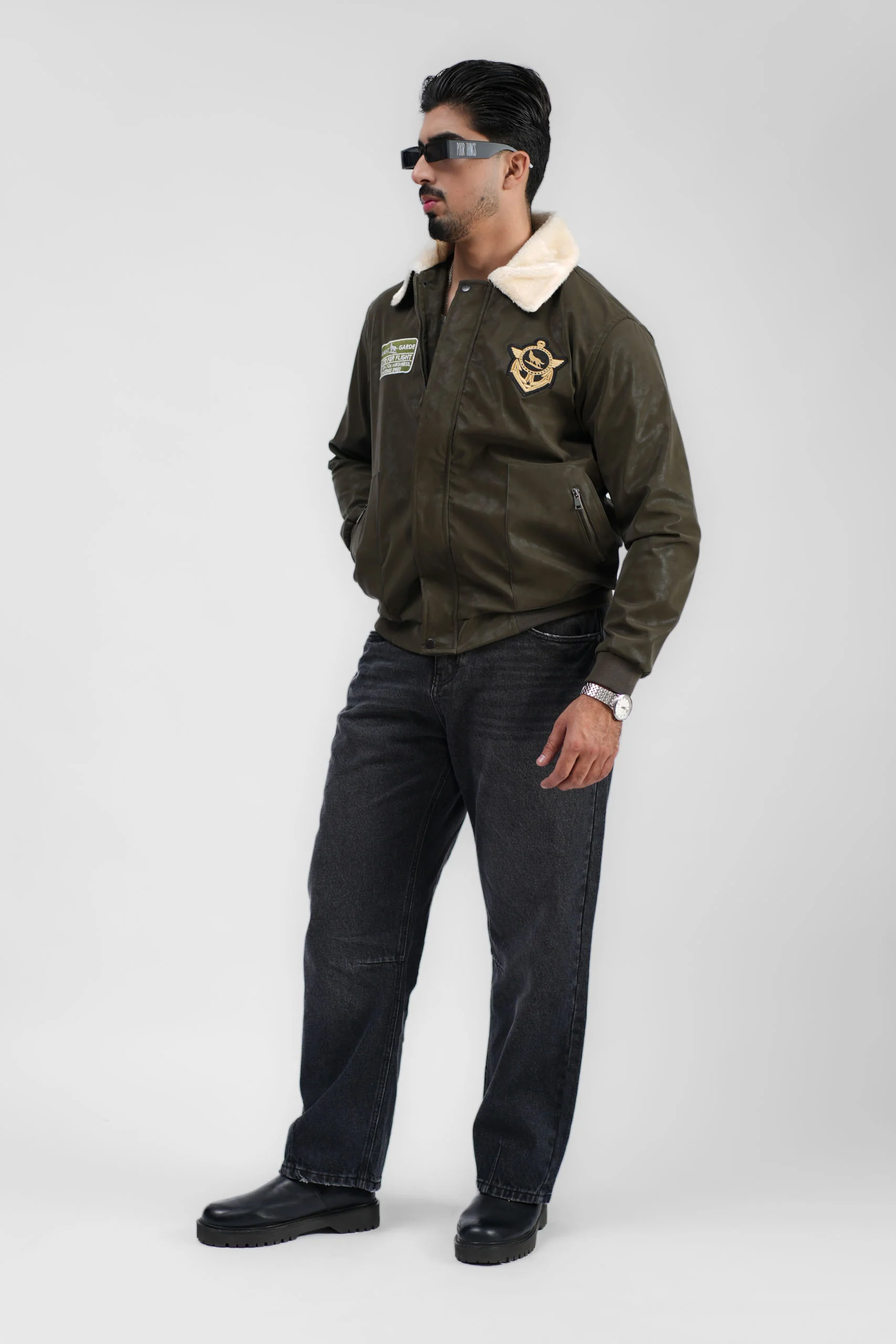 Leather Aviator Jacket - Green - Image 15