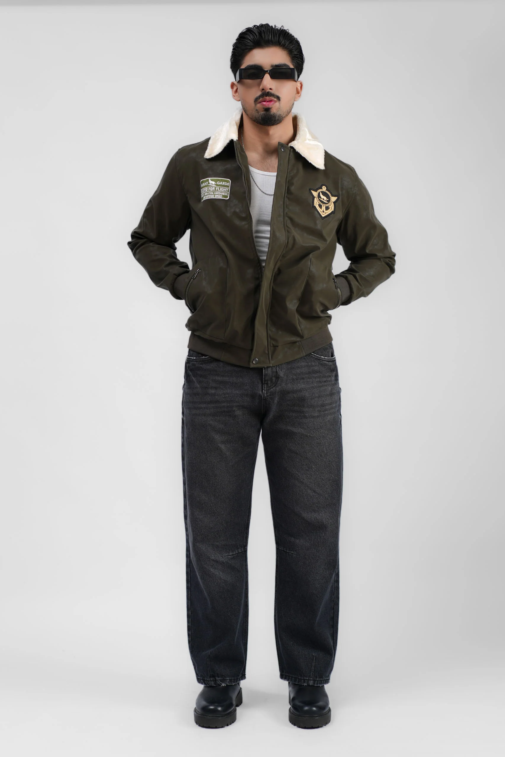 Leather Aviator Jacket - Green - Image 16