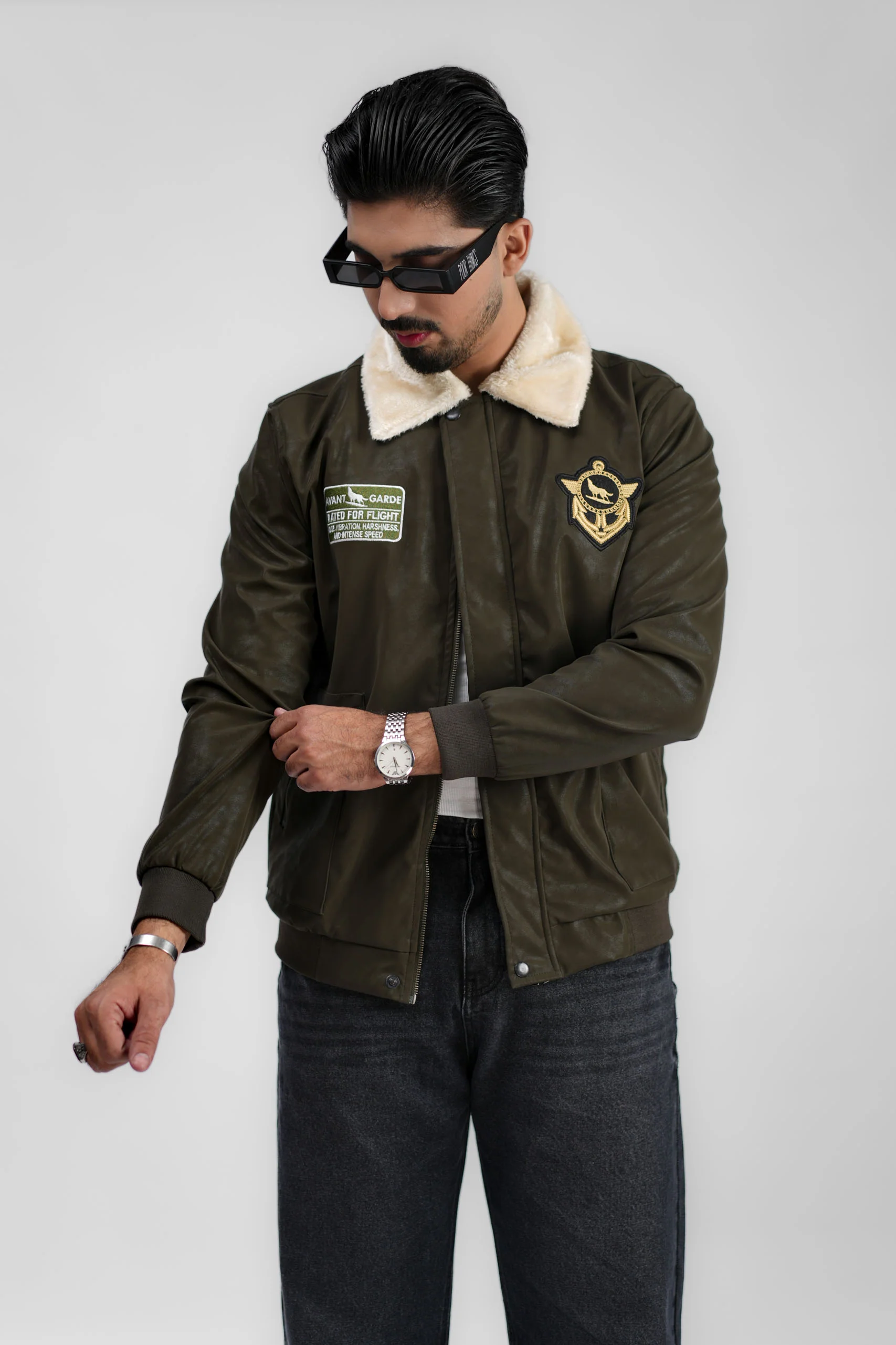 Leather Aviator Jacket - Green - Image 17