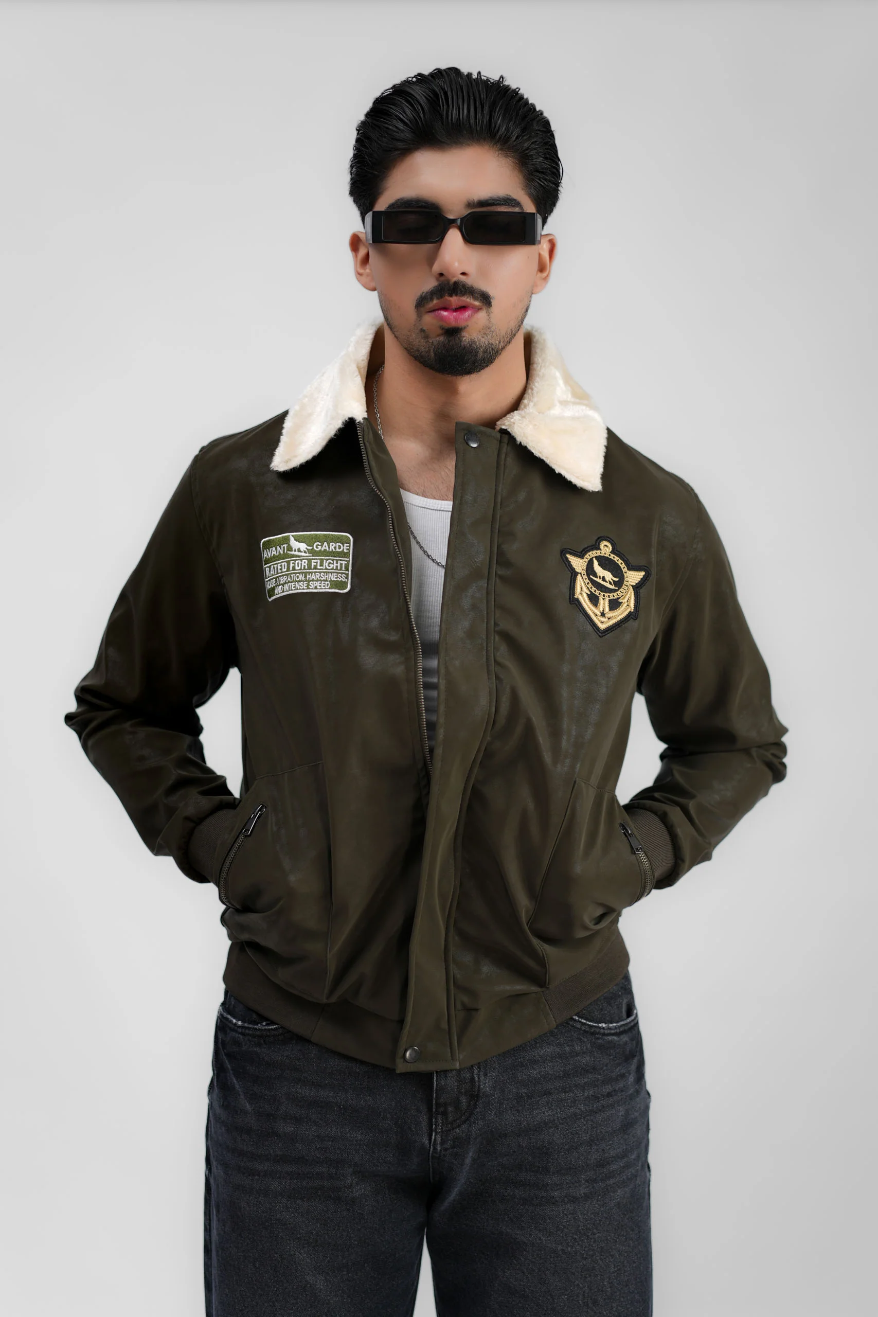 Leather Aviator Jacket - Green - Image 18