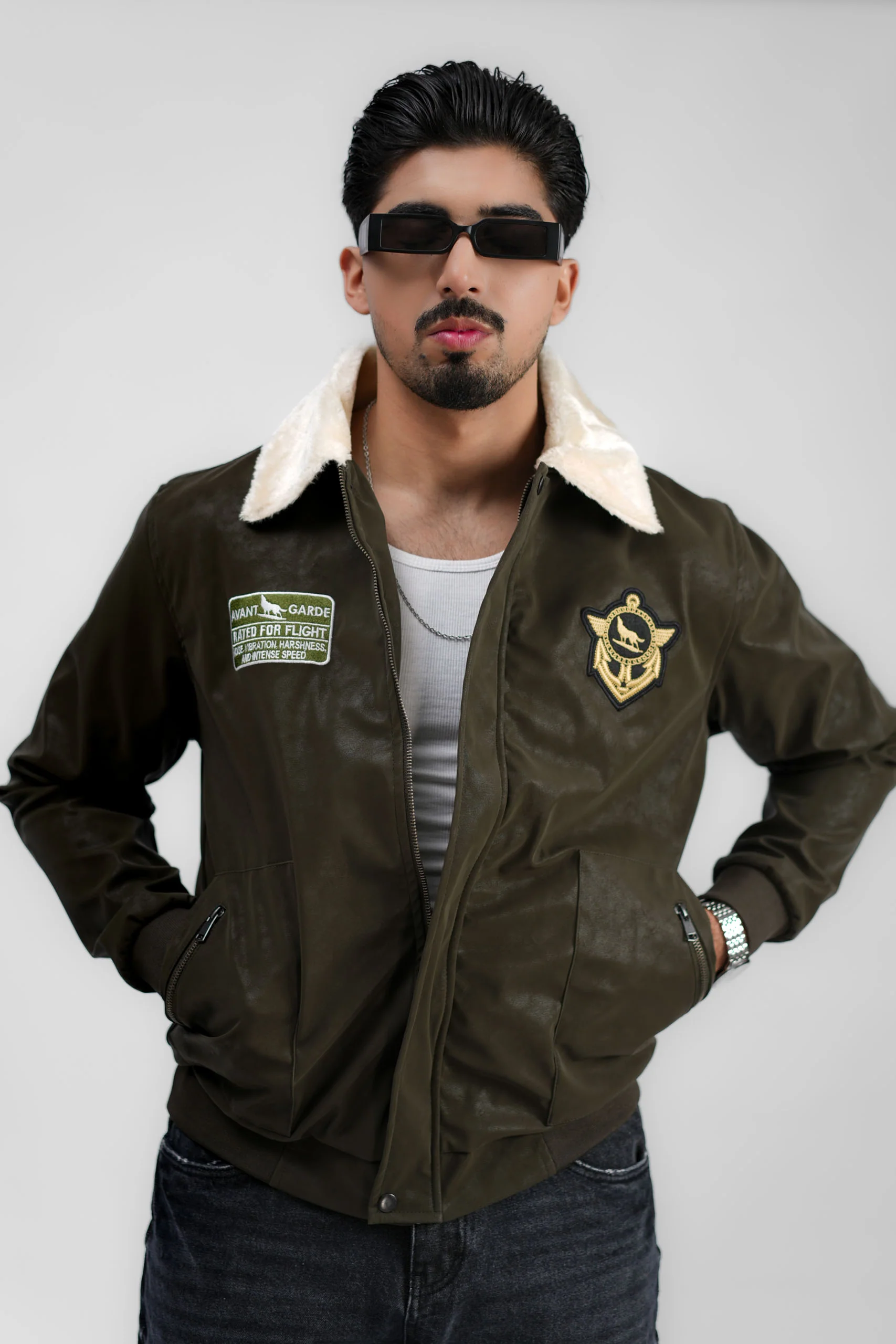 Leather Aviator Jacket - Green - Image 19