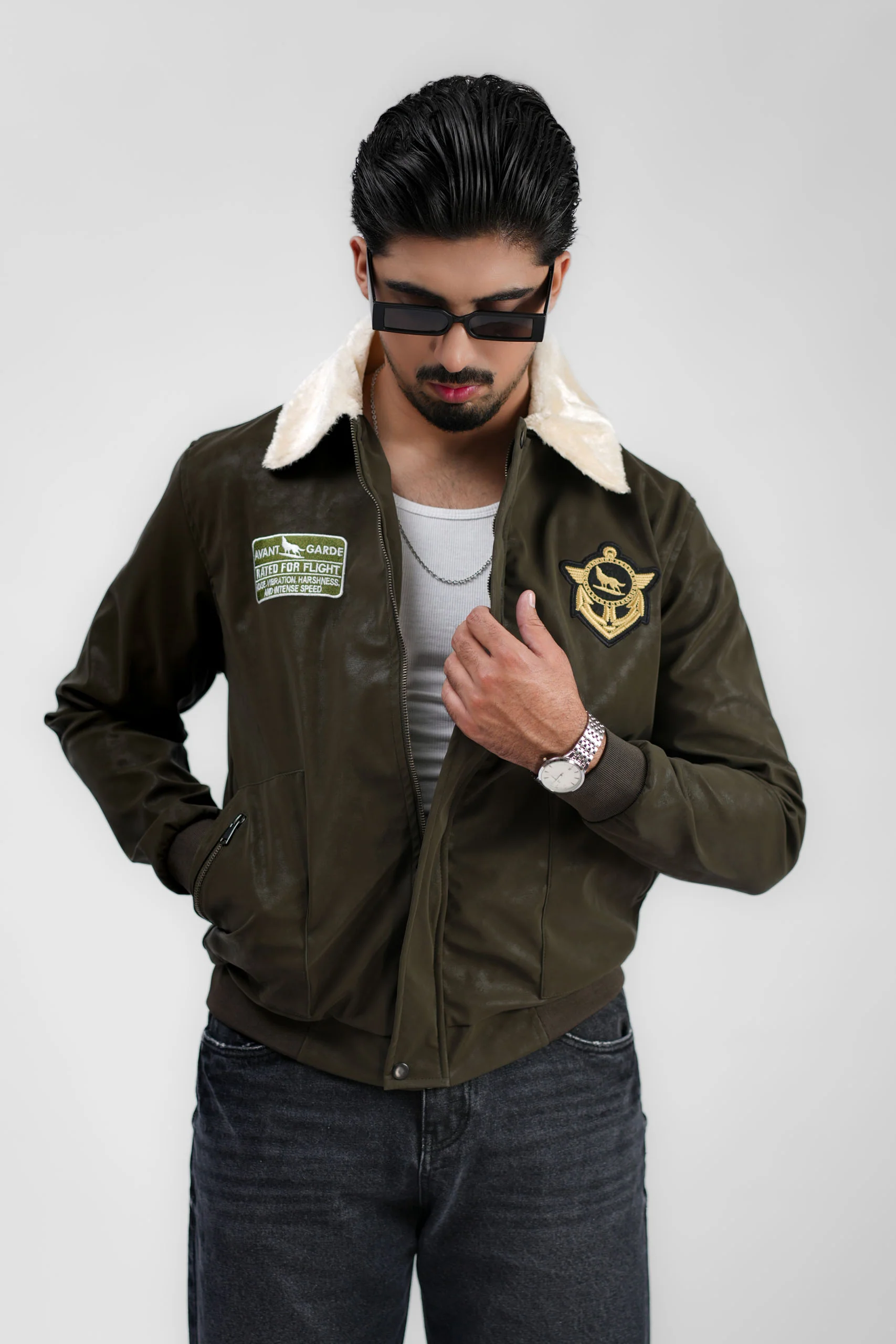 Leather Aviator Jacket - Green - Image 20
