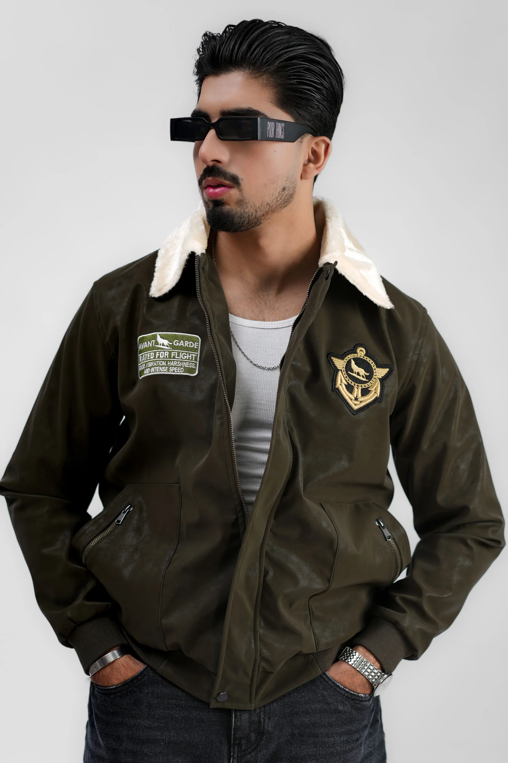 Leather Aviator Jacket - Green - Image 21