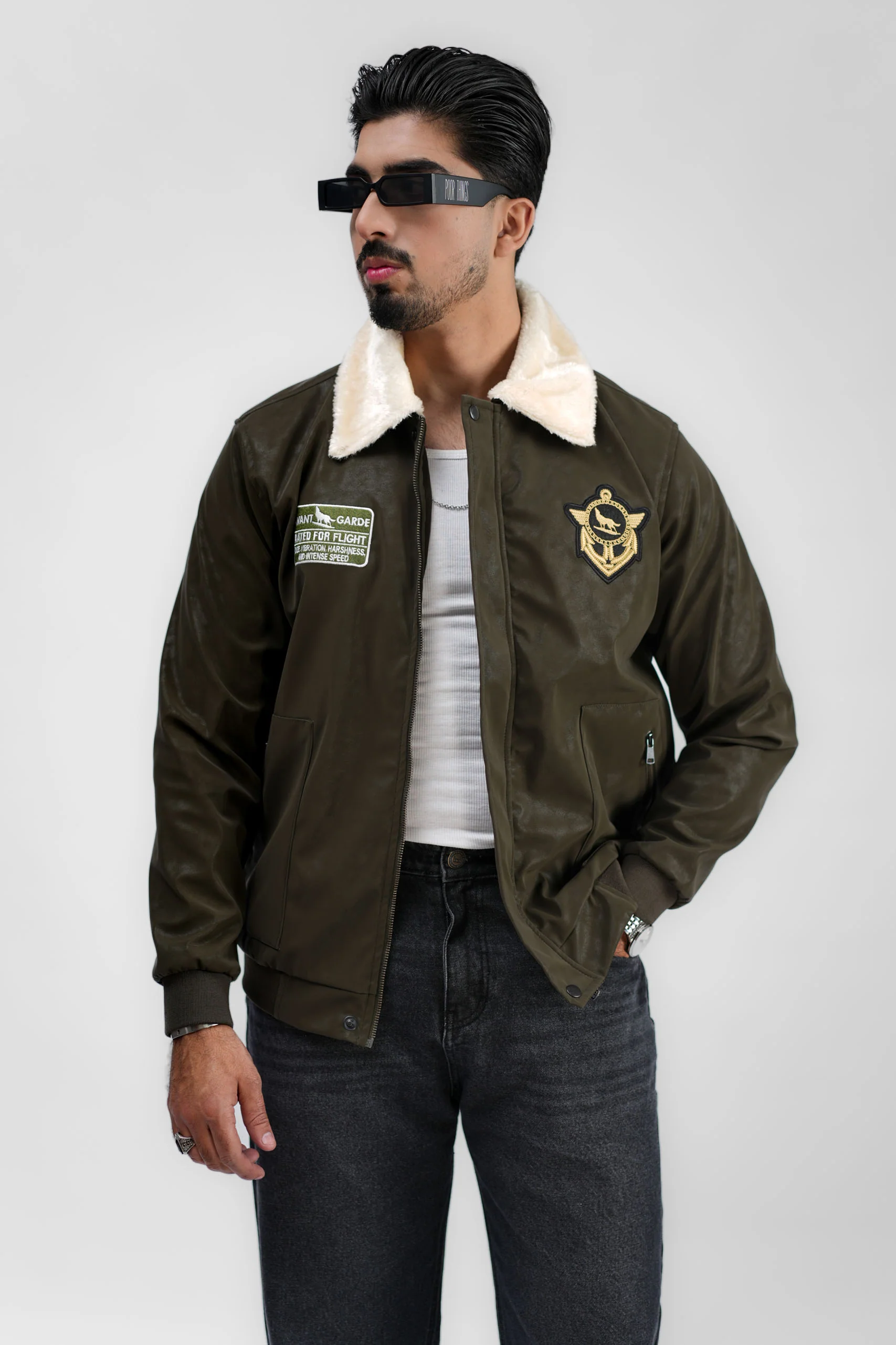 Leather Aviator Jacket - Green - Image 5