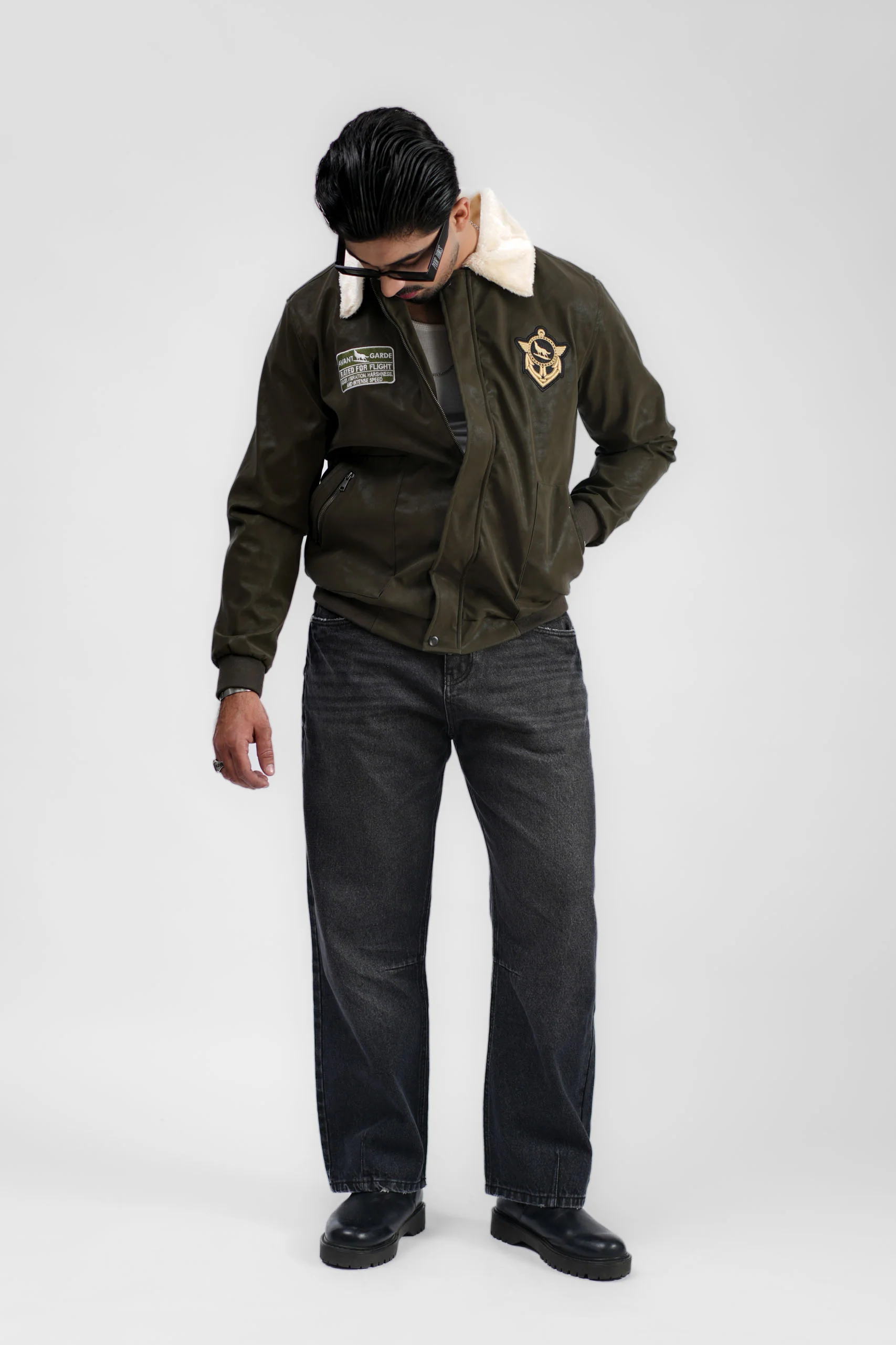 Leather Aviator Jacket - Green - Image 9